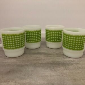 Anchor Hocking White Mugs with Green Checkered Design
